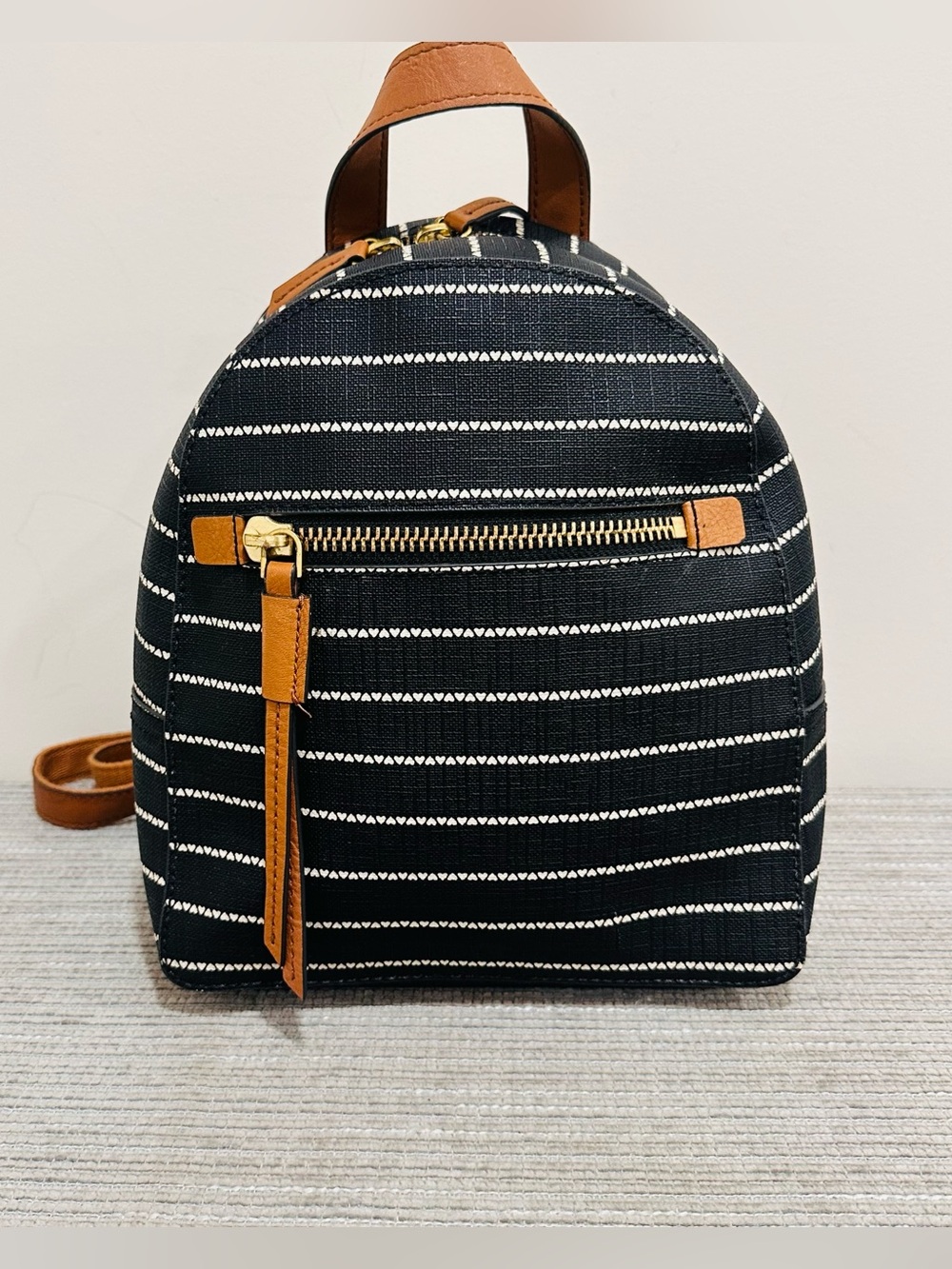 Fossil Megan Mini Backpack Black Striped Canvas Tan Leather Trim